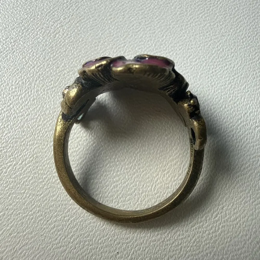 Vintage Anna Sui Enamel Pansy Flower Ring Y2K Goth Whimsigoth Pink Purple 6.5